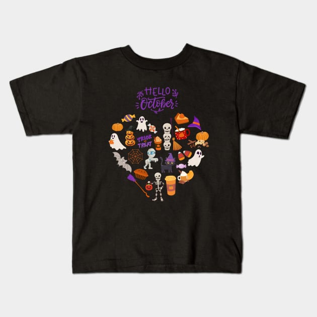 Hello October heart Autumn is my favorite season, love Fall pumpkin and halloween Kids T-Shirt by BoogieCreates